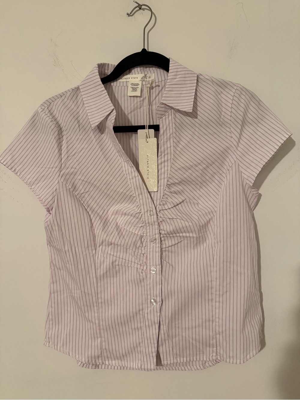 Altar'd State Lavender + White Pinstripe Button-Front Cap Sleeve Shirt